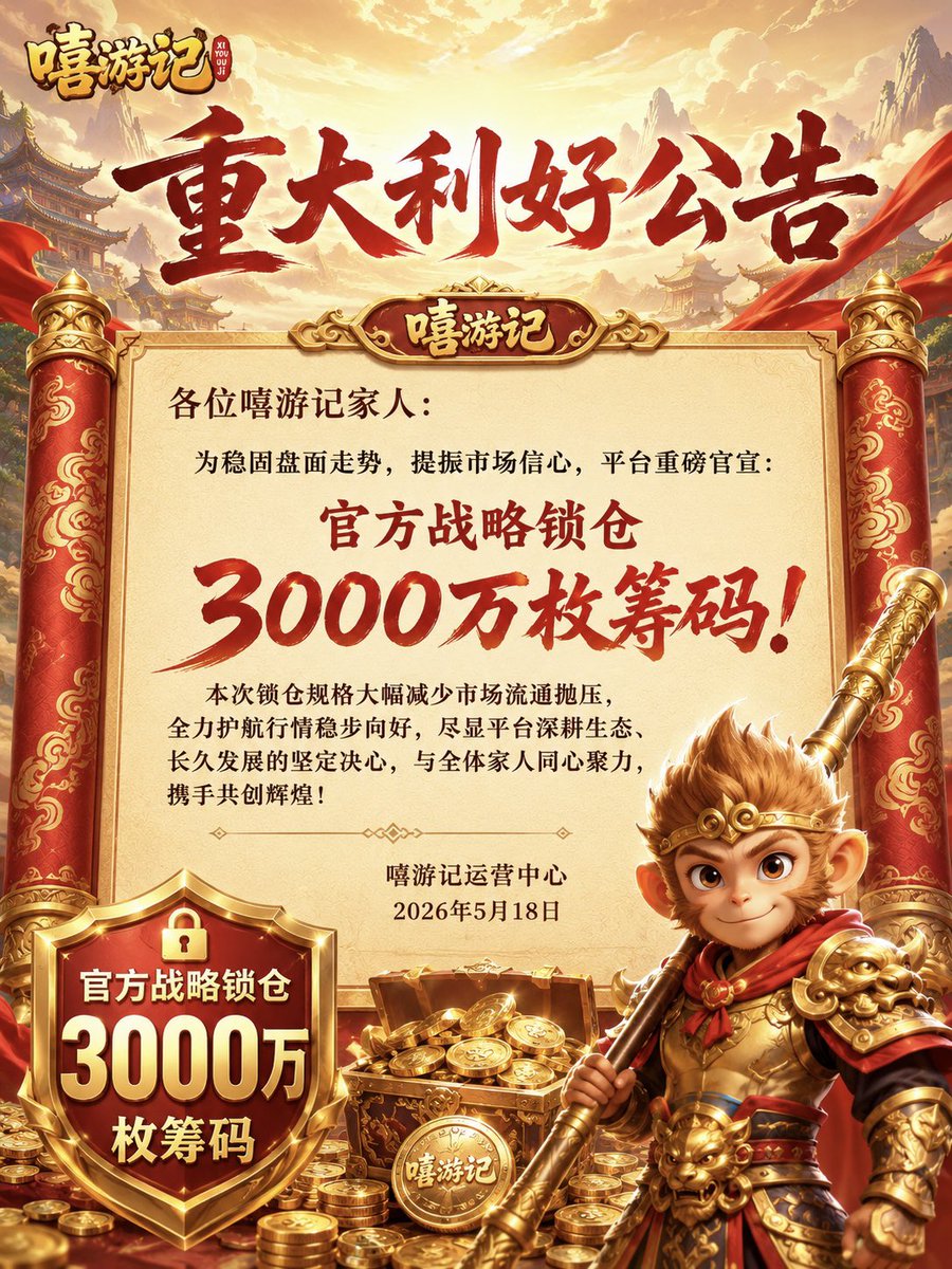 JenSenhjj6's tweet photo. 【重大利好公告】

各位嘻游记家人：

为稳固盘面走势，提振市场信心，平台重磅官宣：官方战略锁仓3000万枚筹码！

��次锁仓规格大幅减少市场流通抛压，全力护航行情稳步向好，尽显平台深耕生态、长久发展的坚定决心，与全体家人同心聚力，携手共创辉煌！

嘻游记运营中心
2026年5月18日 https://t.co/YHQcEFQFmO