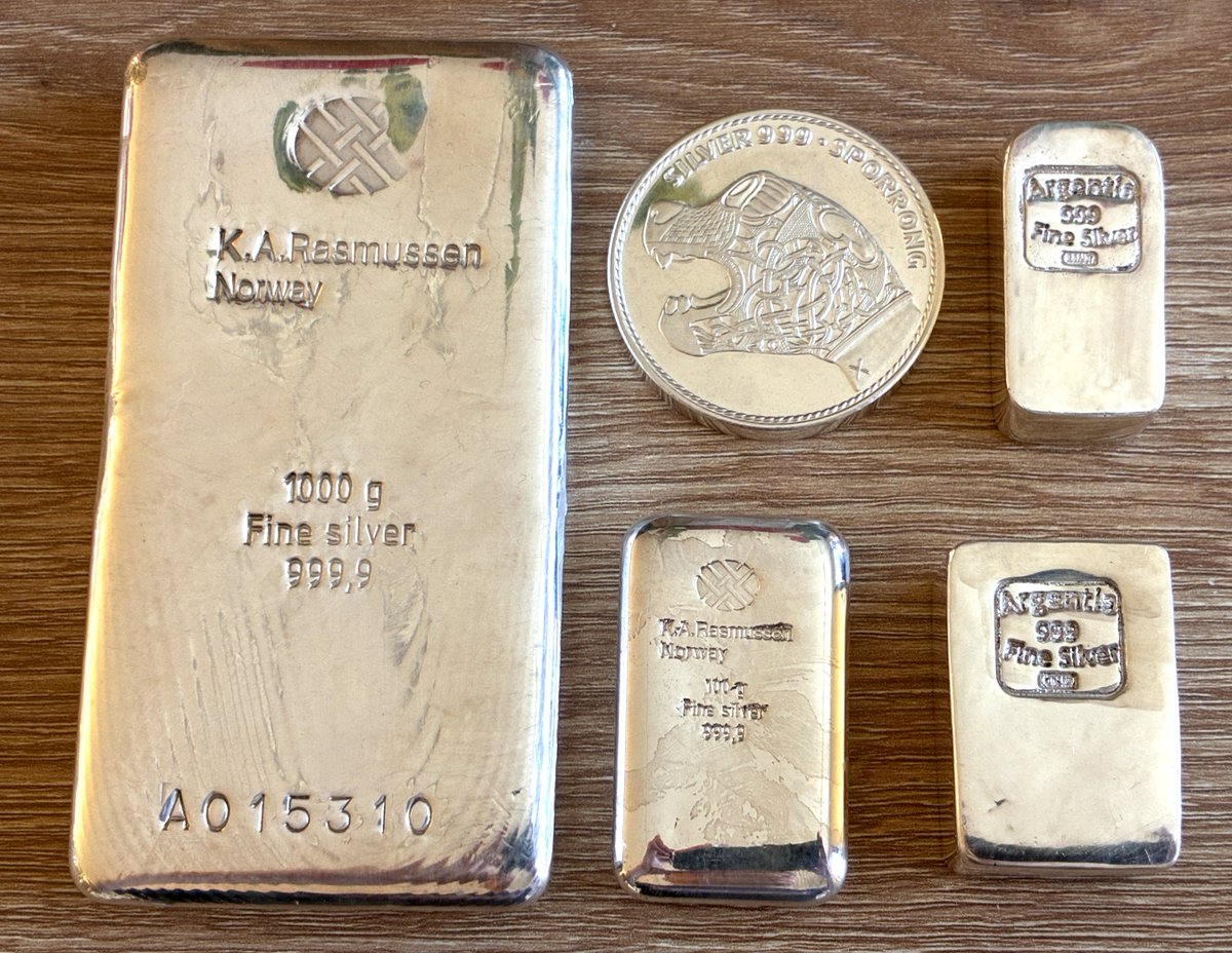 ehelpmann's tweet photo. Scandinavian🇳🇴🇸🇪 #Silver bullion 🥈

1,000 g and 100 g bars from K.A.Rasmussen🇳🇴
100 g round from Sporrong🇸🇪
100 g and 250 g homemade bars from Sweden🇸🇪 https://t.co/C8Sq0Uw2PG