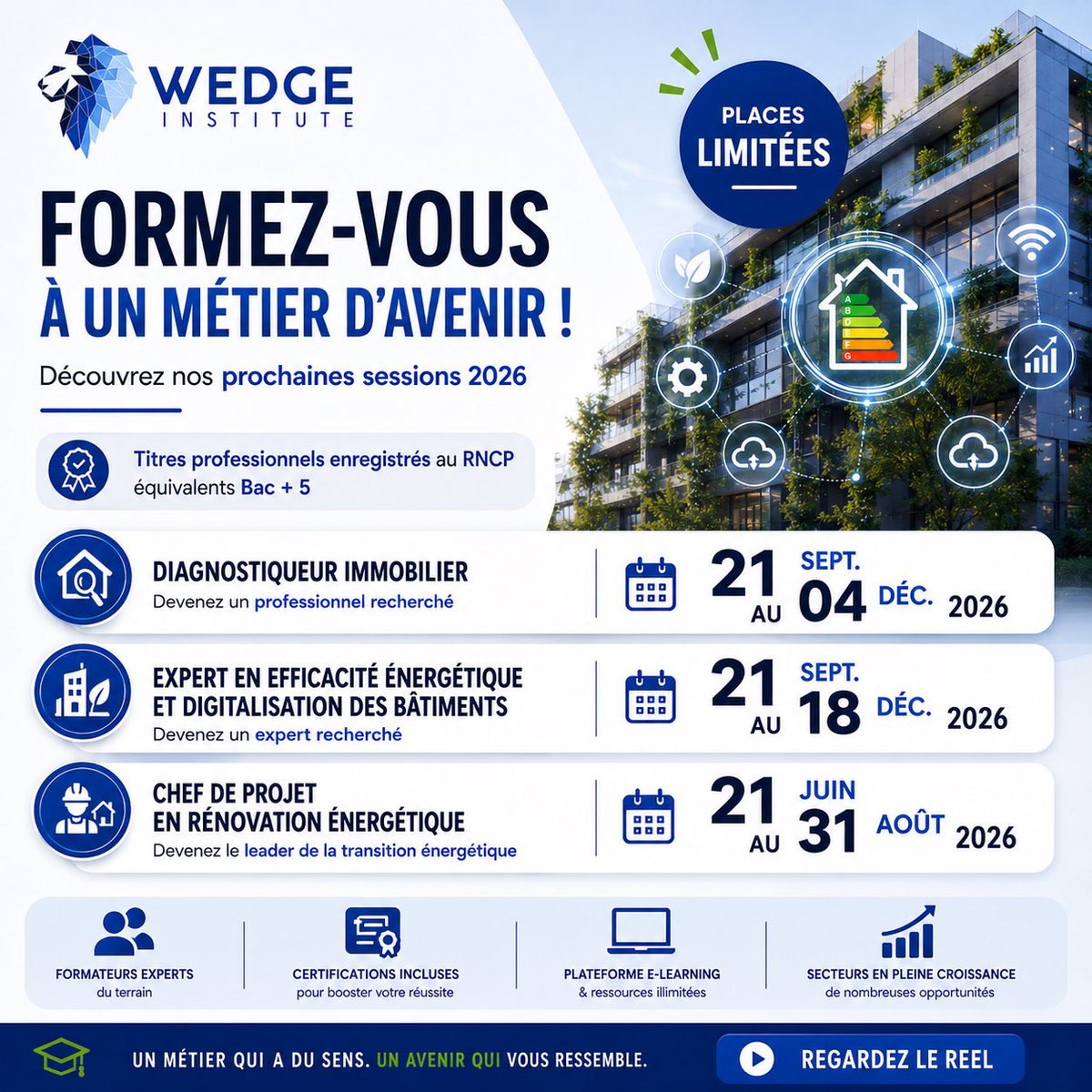 WedgeInstitute's tweet photo. 🚨 Sessions 2026 ouvertes chez Wedge Institute

📅 Diagnostiqueur immobilier
21 sept. ➜ 04 déc. 2026
🎓 RNCP Bac+2

📅 Expert en efficacité énergétique & digitalisation des bâtiments
21 sept. ➜ 18 déc. 2026
🎓 RNCP Bac+5

📅 Chef de projet en rénovation énergétique
21 juin ➜ 31 août 2026
🎓 RNCP Bac+5

✅ Certifications incluses
✅ Formateurs terrain
✅ Éligible CPF

#DiagnosticImmobilier #DPE #Formation #CPF #TransitionEnergetique #Batiment #RenovationEnergetique