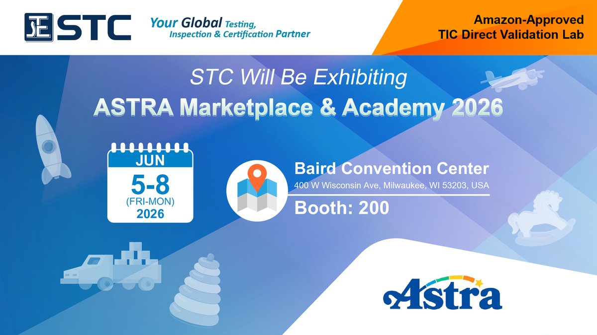 stcgroup's tweet photo. 📣STC will be exhibiting at ASTRA Marketplace &amp; Academy 2026. In line with this year’s theme, "The Art &amp; Science of Play," STC warmly invites you to visit our booth to explore the science of safety behind every toy.
 
Check out details: https://t.co/RACwKuoYML https://t.co/KJN56fY0qM