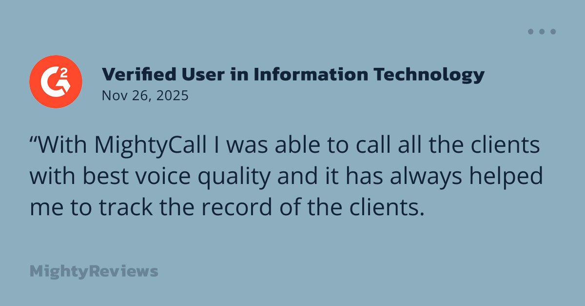 MightyCall's tweet photo. Clear, reliable calling changes everything when you talk to customers daily. Great voice quality + simple tracking in one place makes every conversation easier to manage ☎️

You focus on the call — everything else stays organized.
#callcenter #callcentersoftware #customerreview https://t.co/8eWktOjox4