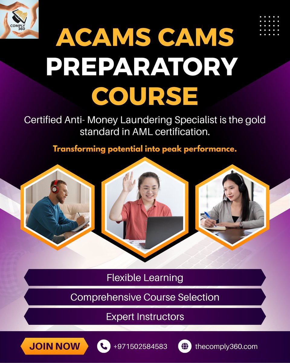 Comply360LLC's tweet photo. Level up your compliance career!

Become a globally recognized leader in AML with our ACAMS CAMS Preparatory Course. Transform your potential into peak performance with expert guidance &amp; flexible learning.

​🚀 Join Now: https://t.co/W19IOGsG4H

​#AML #CAMS #Compliance #ACAMS https://t.co/LPKrTZfG3i