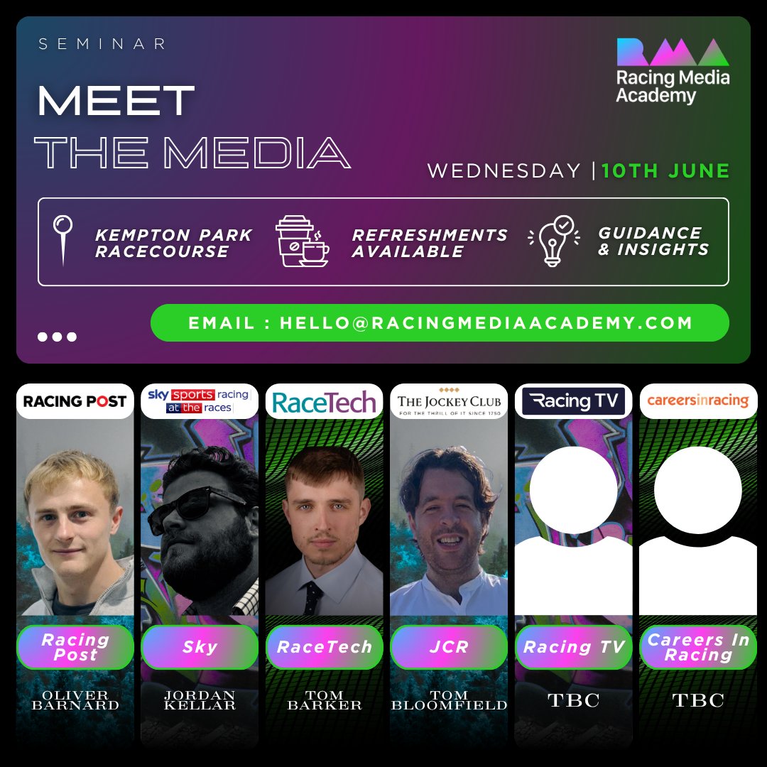 🎥 ✨ Please share far and wide this fantastic opportunity for anyone interested in racing media to head to Kempton Park Racecourse next month to hear from leading industry experts and learn more about the vast opportunities in horseracing.

Drop the Racing Media Academy a