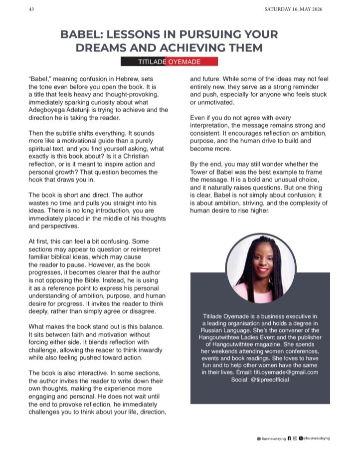 tiiPREE's tweet photo. Title: Babel: Lessons in pursuing your dreams and achieving them

Author: Adegboyega Adetunji

Year of Publication: 2024

Number of Pages: 59

Category: Self Help

Go here to read the review: https://t.co/fhQecCJff7 https://t.co/5lTc8unFwY