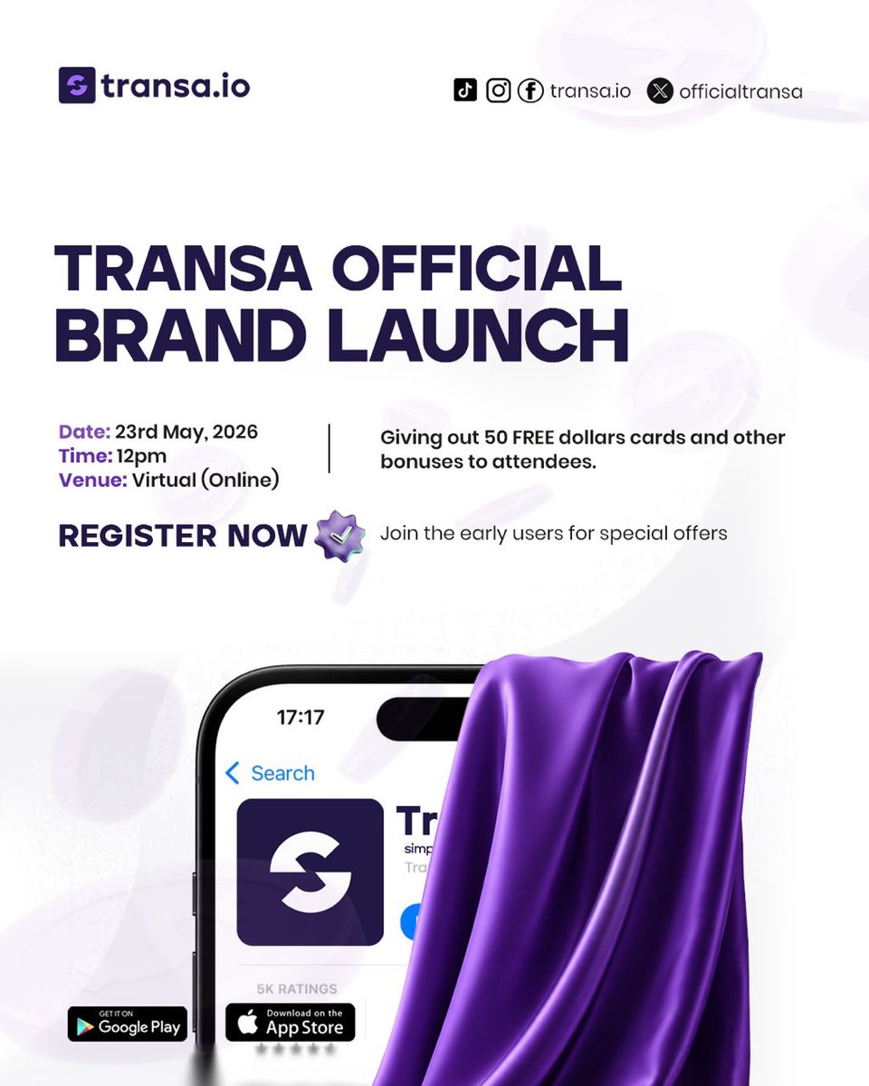 officialtransa's tweet photo. SOMETHING BIG IS COMING…📢

The future of smarter, faster, borderless transactions is almost here. 🌍

Join us as we OFFICIALLY LAUNCH https://t.co/tPS3z6LS2p on 23rd May 2026. A new era designed to change how you move, spend, and experience money.

Secure your spot NOW, click the link (in bio) to register👉👉: https://t.co/ikAv9Mihs9

Be among the FIRST to experience it.
#Transa #TransaLaunch #BorderlessPayments #Fintech #digitalpaymentevolution