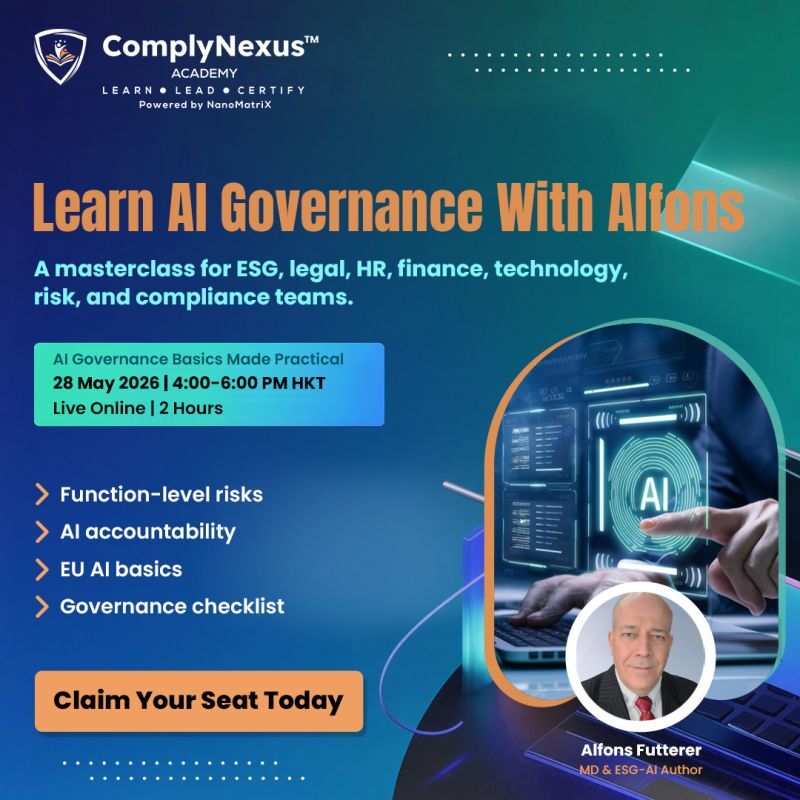 AlfonsF's tweet photo. AI governance is no longer just an IT issue
It impacts leadership, compliance, HR, finance, ESG, legal, risk &amp; operations

🎓 AI Governance Basics Made Practical
📅 28 May 2026 | Live Online
👉 https://t.co/01XUHtwM00

#AIGovernance #ResponsibleAI #AICompliance #RiskManagement https://t.co/wEQ3BNP3ib