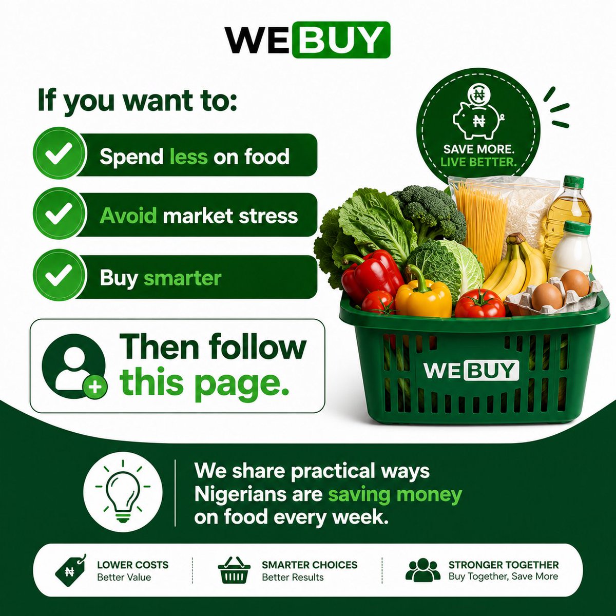WeBuy001's tweet photo. If you want to:
✔ Spend less on food
 ✔ Avoid market stress
 ✔ Buy smarter
Then follow this page.
We share practical ways Nigerians are saving money on food every week.

follow for more updater https://t.co/2jePSlhGos