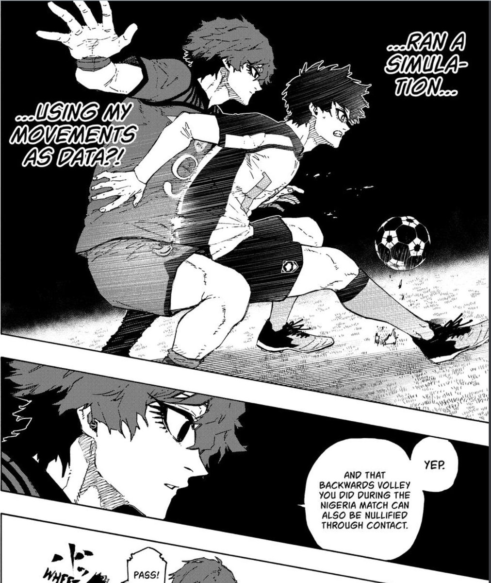 BadGuyFromThere's tweet photo. No, this isn't a plot. Isagi beat Hugo fair and square. Let me explain. 
Earlier in the game, Hugo stated that, to Block Isagi's backward volley we saw in the Nigeria game, Hugo needed DIRECT CONTACT with Isagi. This allows Hugo to nullify Isagi's 1/5 #bllkspoilers https://t.co/SRcmCaae9x