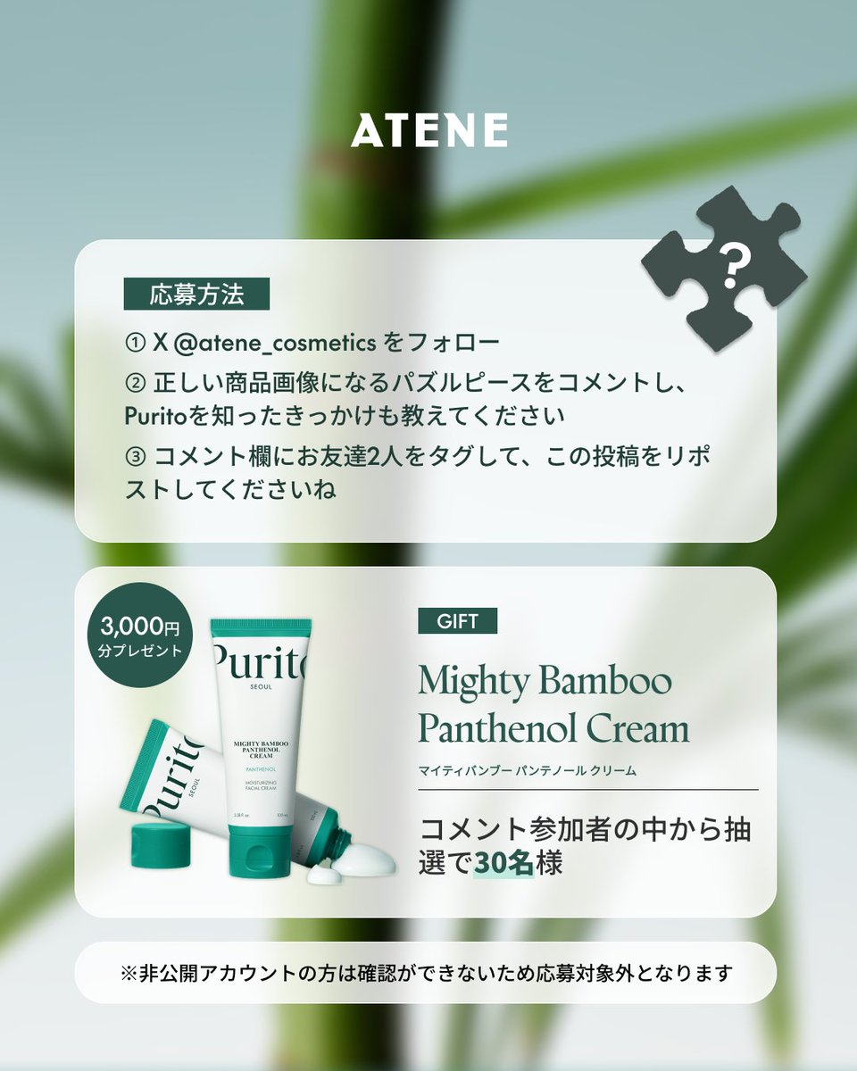 atene_cosmetics's tweet photo. 正解して、豪華プレゼントをGET!🎁
抽選で30名様に当たる✨
#ATENE × #Purito コラボ記念イベント開催!
Olive YoungやAmazonでも人気のPuritoベストセラーアイテムが、
このパズルピースの中に隠れています…👀
あなたはどのピースか分かりますか?
💧 ヒント
最近スキンケア好きの間で話題の、ニキビ肌にも使いやすい保湿クリームです🌿
🎯 応募方法
① X @atene_cosmetics をフォロー
② コメント欄に「選んだパズルピース番号+商品名+Puritoを知ったきっかけ」をコメント
③ お友達2人をタグ付け&この投稿をリポスト/シェア
🎁 プレゼント内容
コメント参加者の中から抽選で30名様に
Mighty Bamboo Panthenol Cream をプレゼント!
📅 応募期間
5/18〜5/24
📢 当選発表
当選者様には5/26までにDMにてご連絡いたします。
👉 あなたの答えは何番?コメントで教えてください👇
————————————
注意事項
・応募は上記3ステップをすべて完了した方のみ有効となります。
・当選者30名様は、コメント参加者の中からランダムで選出いたします。
・プレゼントの受け取りは1アカウントにつき1回までとなります。
・非公開アカウントの方は確認ができないため応募対象外となります。
#ピュリト #ミニゲーム #プレゼントキャンペーン #イベント #韓国スキンケア