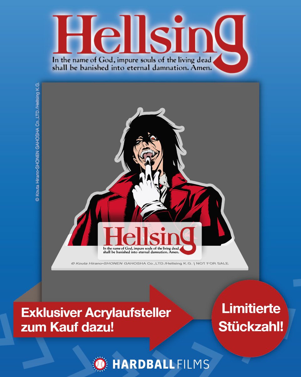 HardballF's tweet photo. NEWS ZUM RELEASE VON HELLSING 📢 Leider müssen wir euch mitteilen, dass sich der Release von der „Hellsing“ Steelbook-Gesamtausgabe nach hinten verschoben hat. Der Grund dafür sind Verzögerungen im Produktionsablauf. Der neue Veröffentlichungstermin ist der 03.07.2026!

Vorbesteller bei uns im Shop bekommen ihr Exemplar aber schon etwas früher! 🤗 Wir danken euch für eure Geduld! 🙏🏻 „Hellsing“ erscheint erstmals auf Blu-ray in Deutschland! Die Gesamtausgabe im Steelbook jetzt noch zum Vorbestellerpreis sichern! 🤩  ➡️ https://t.co/y4e9XLc9Sv

„Hellsing“ erscheint in einer Gesamtausgabe auf Blu-ray im hochwertigen Steelbook und enthält alle 13 Episoden mit deutscher Synchronisation und im Originalton mit deutschen Untertiteln! Natürlich gibt es wieder zahlreiche Extras zur Gesamtausgabe dazu! Mit dem Kauf erhaltet ihr zusätzlich ein Booklet, eine Art Card und einen Sticker! Und jeder, der bei uns im Shop vorbestellt, bekommt außerdem einen exklusiven, limitierten Acrylaufsteller von Alucard dazu!

#hellsing #anime #hardballfilms