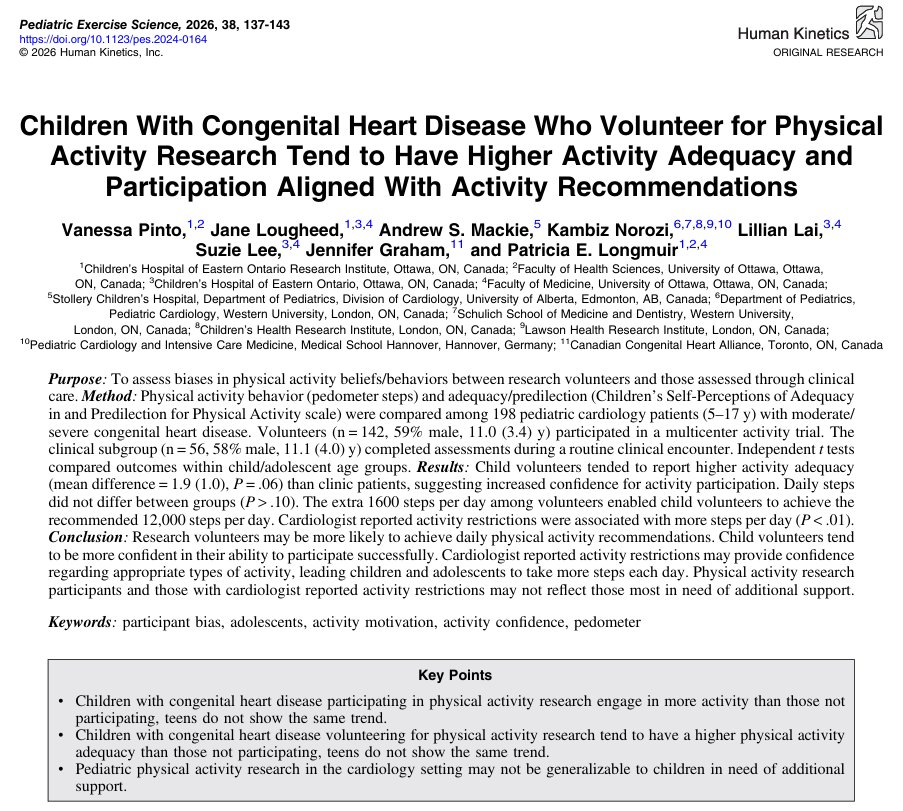 pesjournal's tweet photo. Pinto et al. highlights an important bias in pediatric CHD physical activity studies: children who volunteer for research may already be more confident and more likely to meet activity recommendations than those seen in routine clinical care. 👍
DOI: https://t.co/snh2xZFu3o https://t.co/HSrPDeNoqe
