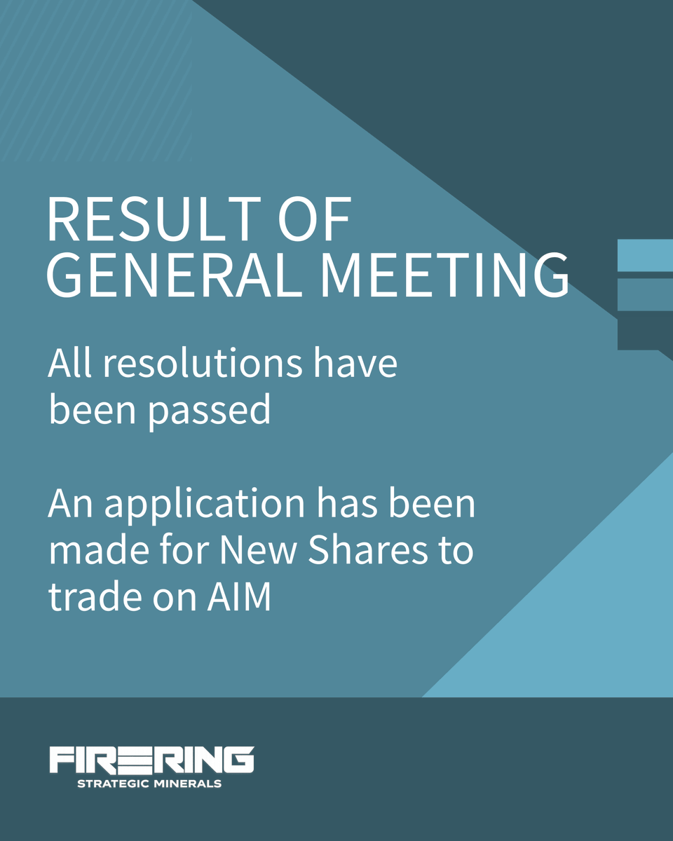 FireRing_SM's tweet photo. Firering is pleased to announce that all resolutions were passed at a General Meeting held earlier today. 

An application has been made to the London Stock Exchange for admission of a number of New Shares to trade on AIM.

See the full announcement here: https://t.co/9yuDgC0DAs

#FRG #CriticalMinerals