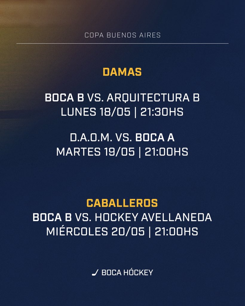hockeyboca's tweet photo. 🔜 ¡𝗖𝗢𝗣𝗔 𝗕𝗨𝗘𝗡𝗢𝗦 𝗔𝗜𝗥𝗘𝗦! 🏑🔥

Damas:
🗓 El lunes 18/5, #BocaB recibe a Arquitectura B.
🗓 El martes 19/5, #BocaA visita a D.A.O.M.

Caballeros:
🗓 El miércoles 20/5, #BocaB recibe a Avellaneda.

🎺¡Te esperamos para alentar a Boca! La entrada es libre y gratuita. https://t.co/gk9hAsmLeU