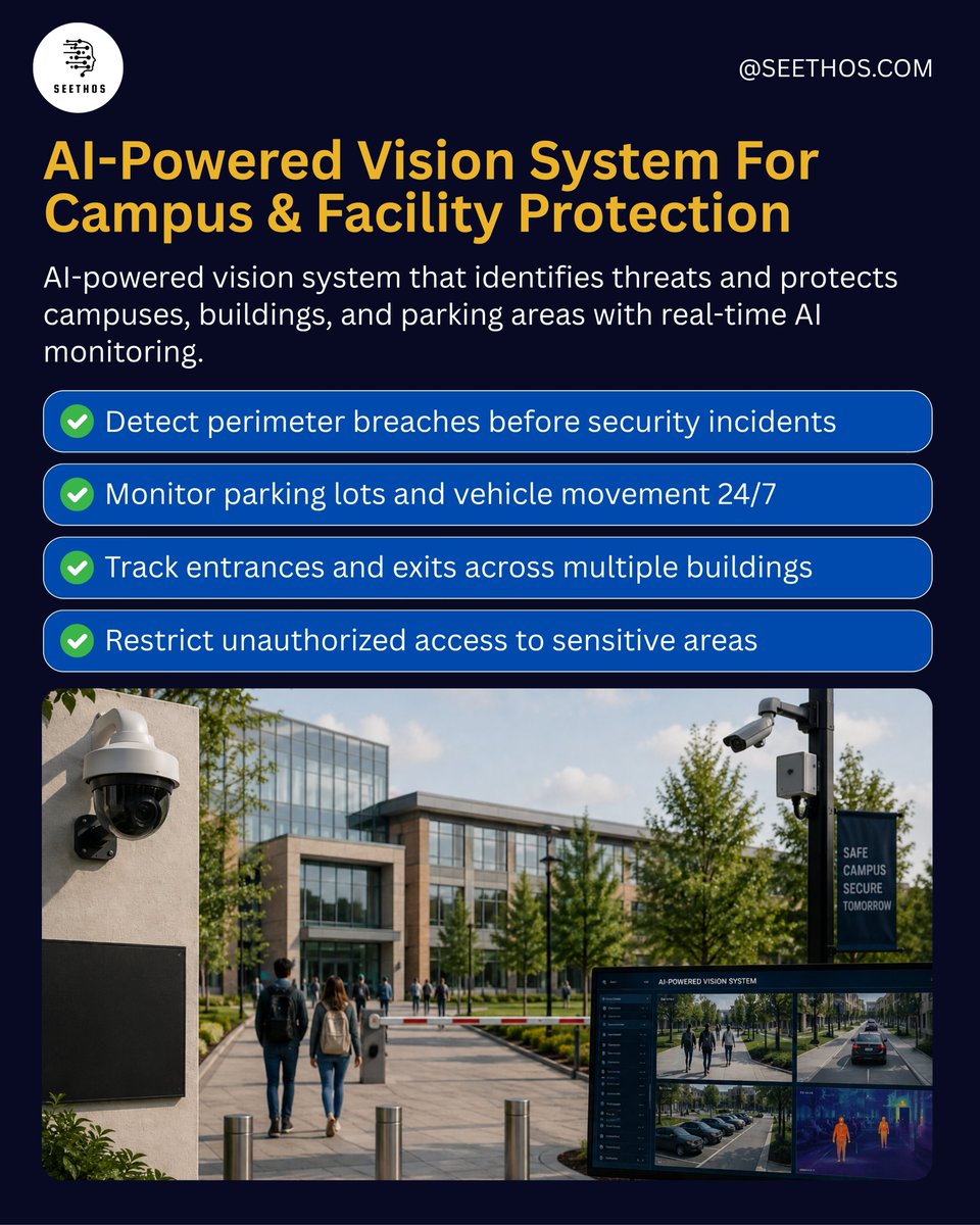 seethosinc's tweet photo. Most facilities rely on fragmented surveillance systems that only react after an incident has already occurred.

Shift from reactive playback to active prevention with real-time AI monitoring, designed for continuous visibility and fast response.
.
.
.
#AI #SmartSecurity https://t.co/IuOZ4sHEfI