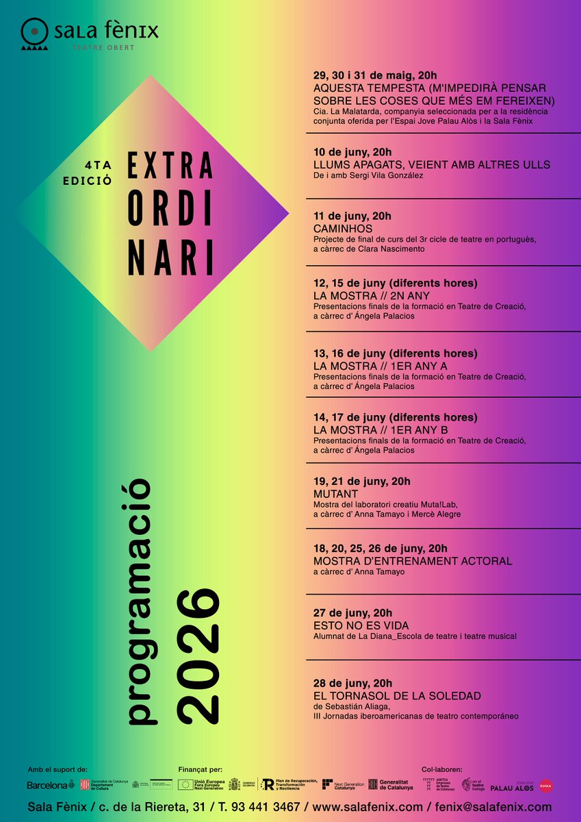 JovEspectacle's tweet photo. Aquest juny, la Sala Fènix de Barcelona (Raval) torna a obrir les portes a les noves generacions de creadors amb la quarta edició del cicle EXTRAORDINARI. Un espai dedicat al talent emergent i a les veus que encara estan construint el seu camí escènic.
https://t.co/duNeUWb9I0 https://t.co/kyqJCPKayl