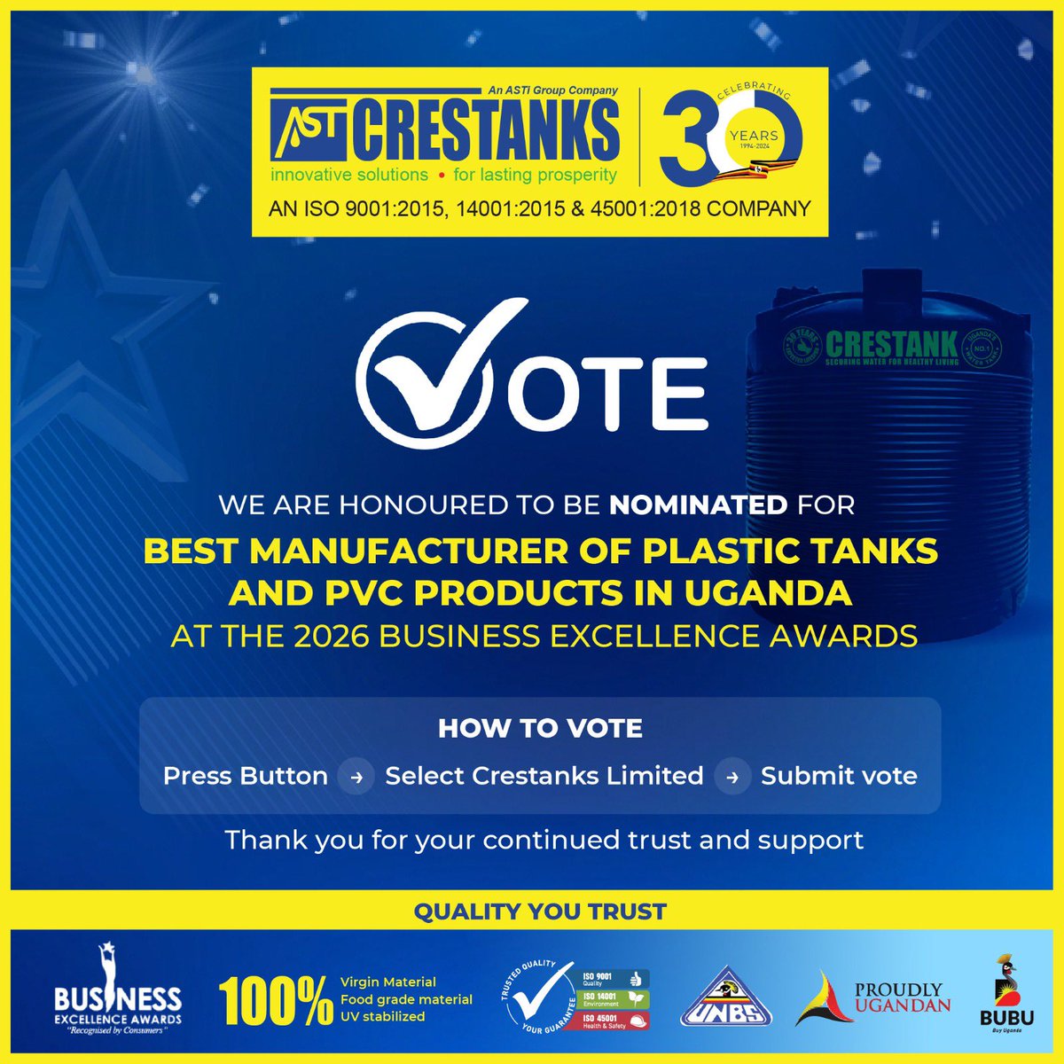crestanks's tweet photo. BIG NEWS! 🎉💙

Crestanks has been nominated for Best Manufacturer of Plastic Tanks and PVC Products in Uganda at the 2026 Business Excellence Awards!🏆🇺🇬

Tap this link to Vote:
https://t.co/8DS4Ac0H2X 

Let’s win this together!💙

#Crestanks #BusinessExcellenceAwards https://t.co/c7gNGIQipB