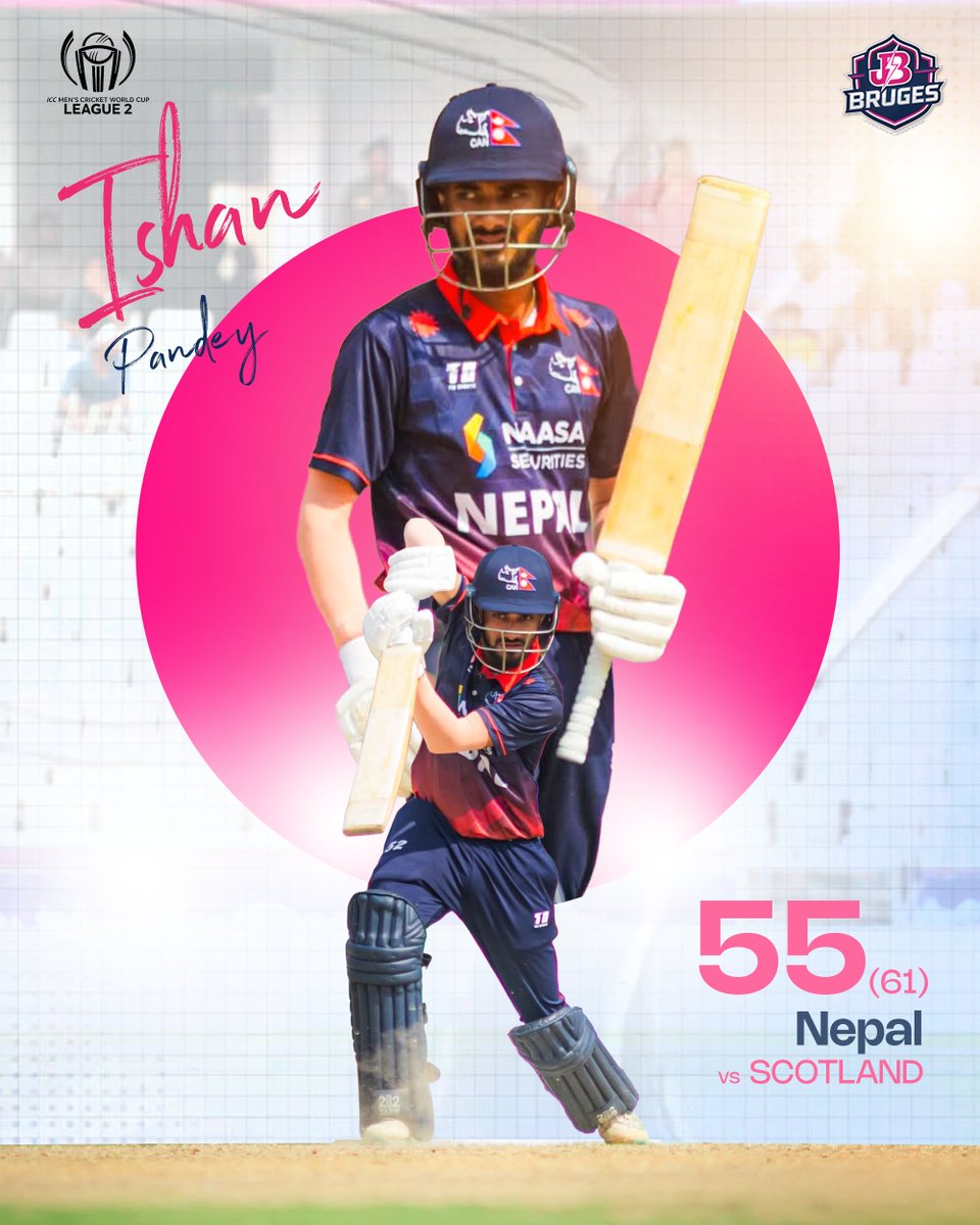 jbbruges's tweet photo. 𝐈𝐬𝐡𝐚𝐧 𝐏𝐚𝐧𝐝𝐞𝐲 𝐰𝐢𝐭𝐡 𝐚 𝐜𝐥𝐚𝐬𝐬𝐲 𝟓𝟓.
Just his second ODI game… and already making it count. ⚡

#JBBruges | #BruggeWint | #BoltsStrike | #EUT20Belgium https://t.co/ykC75ROFDU
