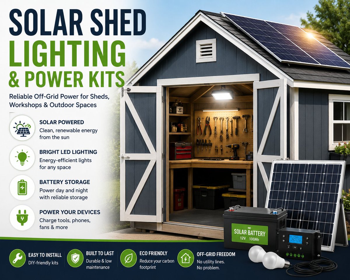 Suninone's tweet photo. Turn your backyard shed into a fully functional workspace with Solar Shed Lighting &amp; Power Kits 
https://t.co/nYPEPqYcTt
#SolarShed #CleanEnergy #SolarPanels #DIYWorkshop #BatteryStorage #SolarLife #suninone #SolarWorkshop #EcoLiving #SolarPowerSystem https://t.co/2R9Qwux7v3