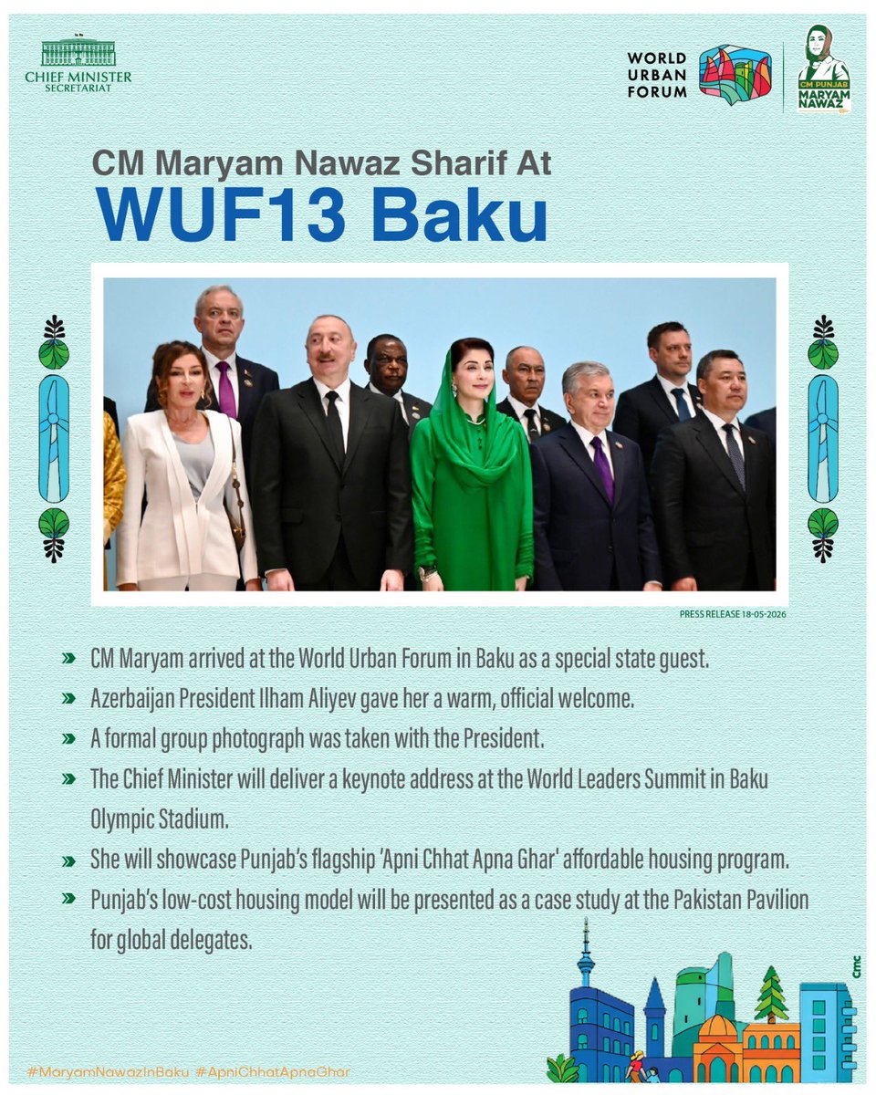 pmln_org's tweet photo. CM Maryam Nawaz Sharif At WUF13 Baku!

CM Maryam arrived at the World Urban Forum in Baku as a special state guest.

Azerbaijan President Ilham Aliyev gave her a warm, official welcome. 

#MaryamNawazInBaku https://t.co/6ZeznyZf2J