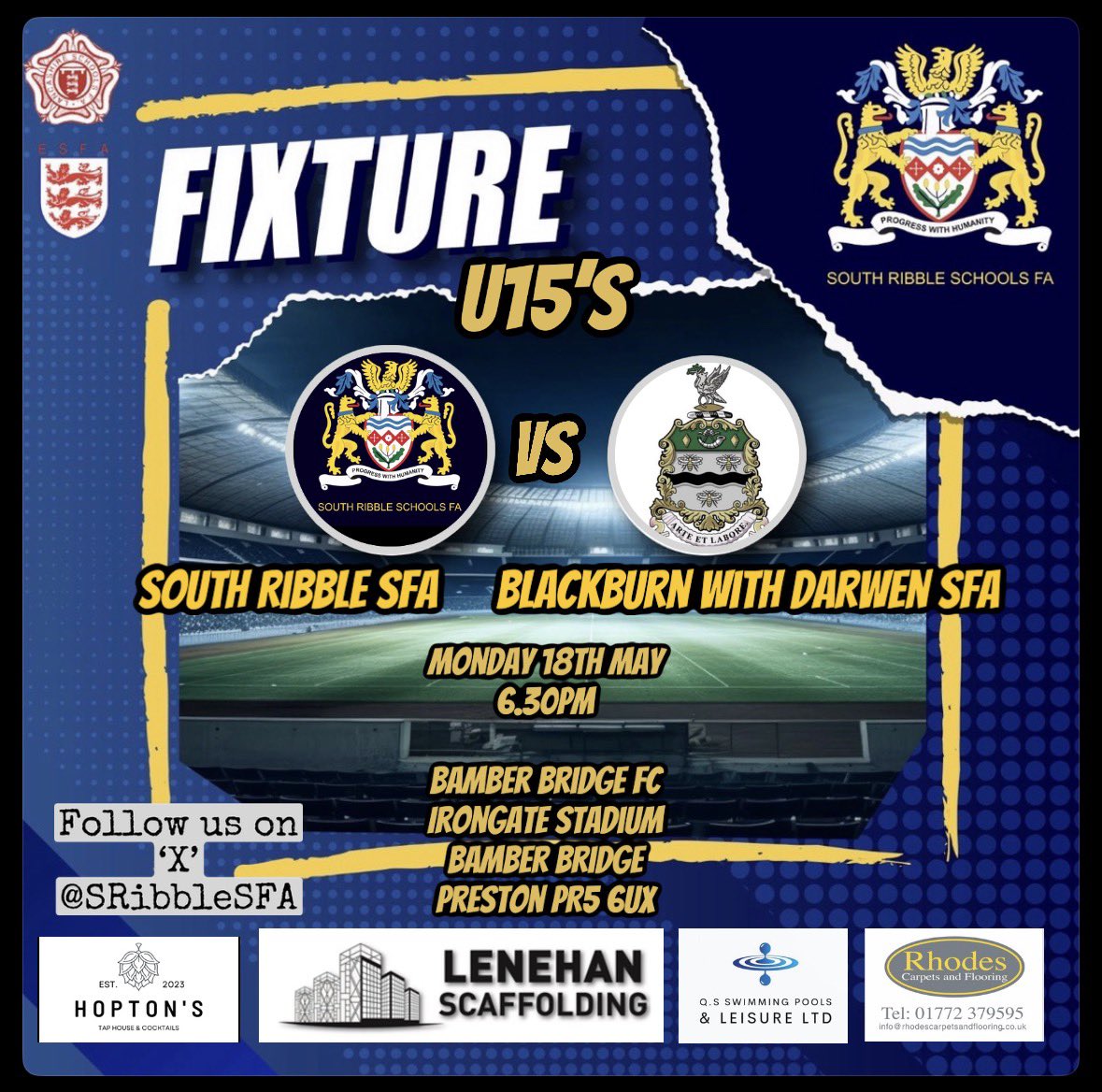 SRibbleSFA's tweet photo. Our U15s take on @BwDSFA in the semifinal of the Lancs league Cup at @BamberBridgeFC this evening https://t.co/3bHzsil7Dh