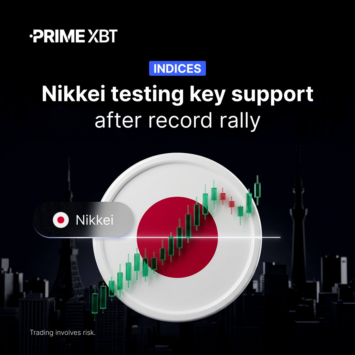 PrimeXBT's tweet photo. 🇯🇵 The #Nikkei is testing a major support zone after retracing from record highs, putting traders on alert for the next directional move. 

Holding current levels could support a rebound, while a breakdown may increase pressure. 

👉🏼 Read more: https://t.co/qiMMHS4ERc https://t.co/z5jGre41Im