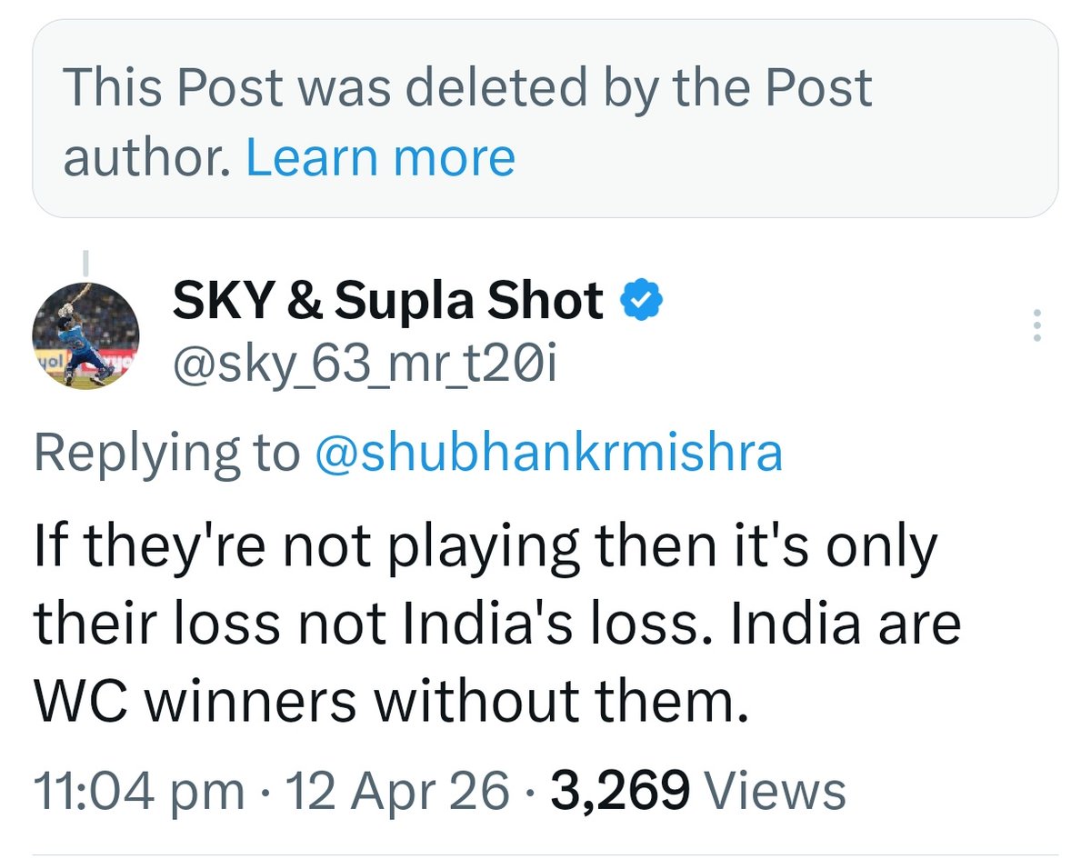 sky_63_mr_t20i's tweet photo. Shubhankar Mishra deleted the tweet where he said that if Shreyas Iyer and Rajat Patidar don't play T20I for India then it's India's loss and not their loss. 😂

I hope he'll be more careful in future before making such pointless tweet. https://t.co/EmcpwH0nmI