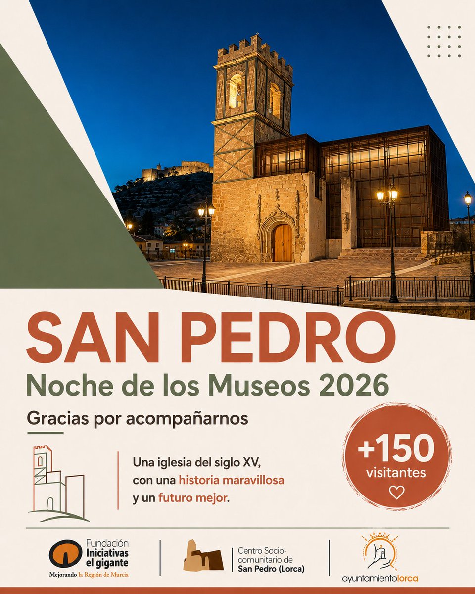 FundacionIEG's tweet photo. Gracias a las más de 150 personas que el sábado  subieron a San Pedro en la #NocheDeLosMuseos.
Descubrieron una iglesia del siglo XV, una de las mejores vistas de Lorca y el secreto que guarda San Pedro.
Gracias a Rosa Medina, Antonio David Sánchez y a la organización. https://t.co/1eKYnQ5FTB
