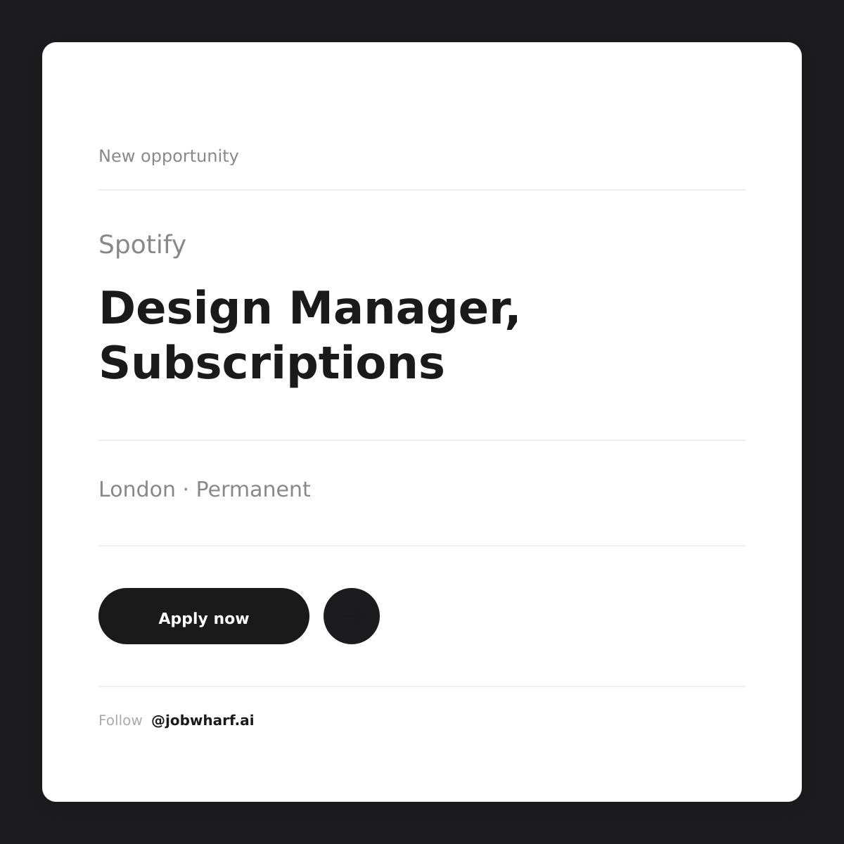 jobwharf's tweet photo. 🚨 New Job Alert
Design Manager, Subscriptions – Spotify
Apply now ➜ https://t.co/Iiv1zS2Zi5
📍 London
💰 Salary negotiable

#designmanager #spotifyjobs #hiring #jobsearch #management https://t.co/Er8s9po3x9