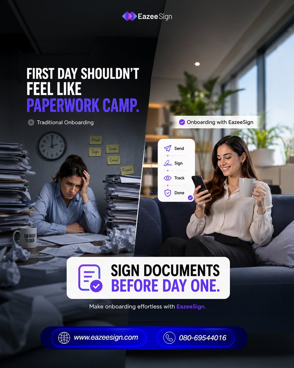 EazeeSign's tweet photo. One thing I’ve never understood about first days at a new job… why do HR make people spend it signing docs instead of making them feel welcomed?

New employees are already nervous adjusting to a new place.

That’s why we built EazeeSign — to make signing digital.

#eSign #SaaS https://t.co/yUX1AoWPdB