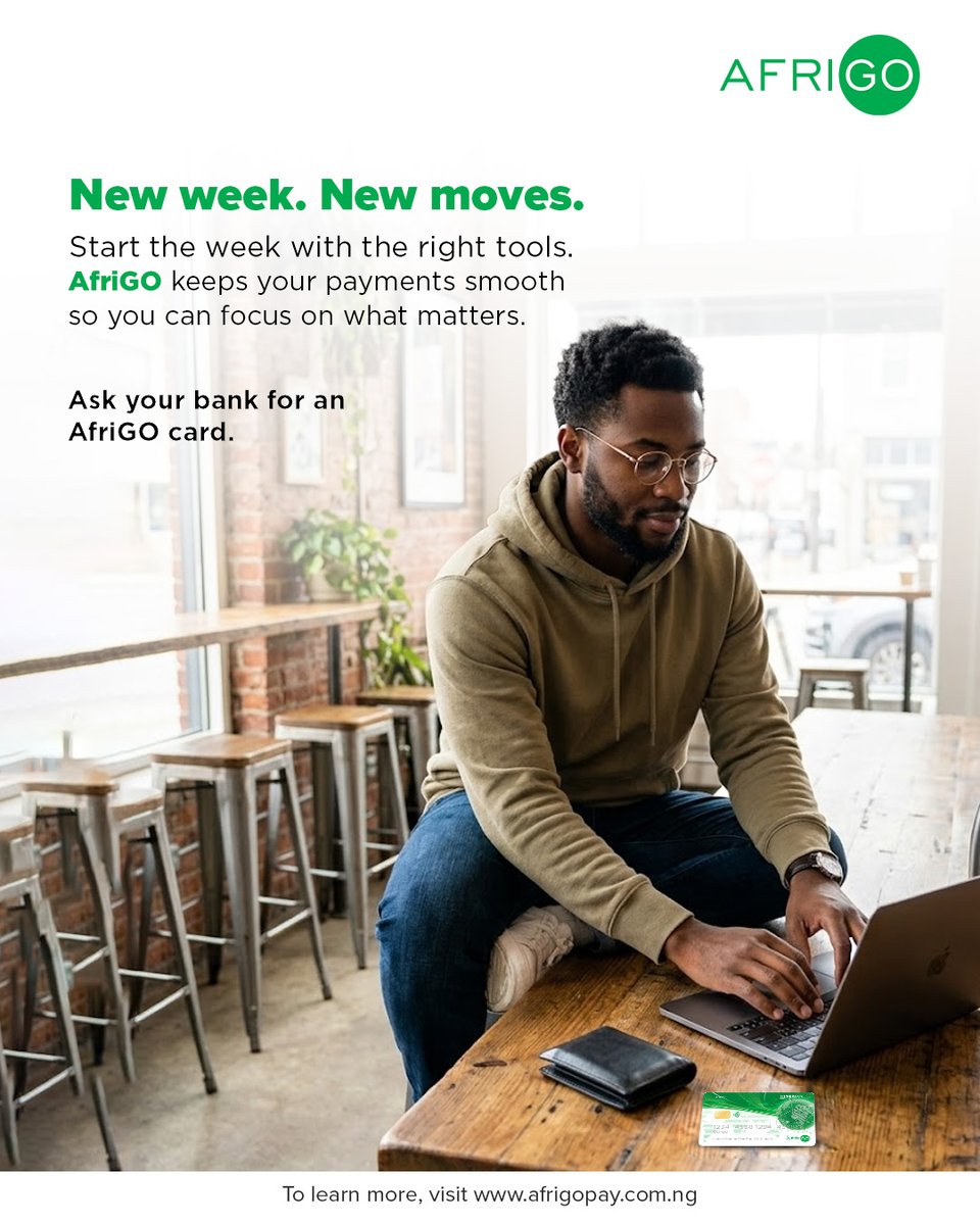 afrigopay's tweet photo. A new week calls for smarter moves.
With AfriGO, your payments stay seamless while you focus on what truly matters.
Ask your bank for an AfriGO card today!

#AfriGO #DigitalPayments #NewWeekNewMoves #PaymentsMadeEasy https://t.co/rVRjUmWc2z