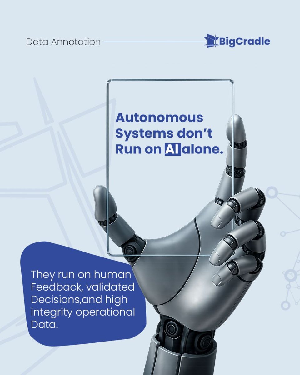 thebigcradle's tweet photo. Autonomous systems don’t run on AI alone.
They run on human feedback, structured data, and operational pipelines.
Reliability is built in the infrastructure behind the model.
#AI #AutonomousSystems #MachineLearning #DataInfrastructure #HumanInTheLoop #Tech #BigCradle https://t.co/2edsfKvpj4