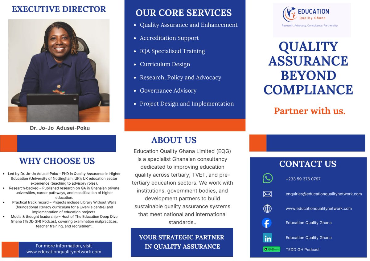 EduQNetwork's tweet photo. Upskilling university IQA units – practical training programmes from Education Quality Ghana (EQG)
✅ IQA skills workshops
✅ Advanced training for IQA leaders
Not generic capacity building. Structured professional development.
📞 Call/WhatsApp: 00 233 59 376 0797
@jojoodjidja https://t.co/BVuYIzi8oF