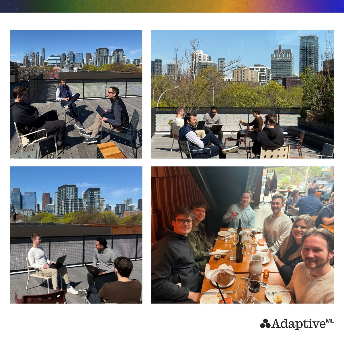 AdaptiveML's tweet photo. Not all meetings are the same, especially when on a sunny rooftop.

Last week the commercial team came together at the Toronto office for an offsite.

As a remote first company, bringing teams together regularly is fundamental to building a great culture.

Want to learn more about Adaptive ML - check out our website here - https://t.co/kbvN4Lqnt5
