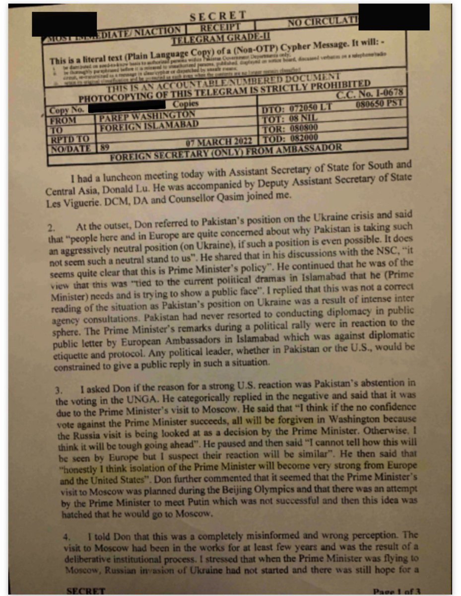 Sajeda_Akhtar's tweet photo. BREAKING: Drop Site News published the full original #Pakistani cypher cable I-0678 (March 7, 2022).

In the leaked "Secret" document, US Asst Sec Donald Lu told Pakistan's Ambassador that if Imran Khan is removed via no-confidence vote, "all will be forgiven in Washington" over his Russia visit & neutral stance on Ukraine. Otherwise, relations would be "very difficult".
Pakistan top Army brass adhered to orders from US and jailed #ImranKhan.

#Pakistan has always been a puppet, only the string changed hands!

@DropSiteNews @AdityaRajKaul