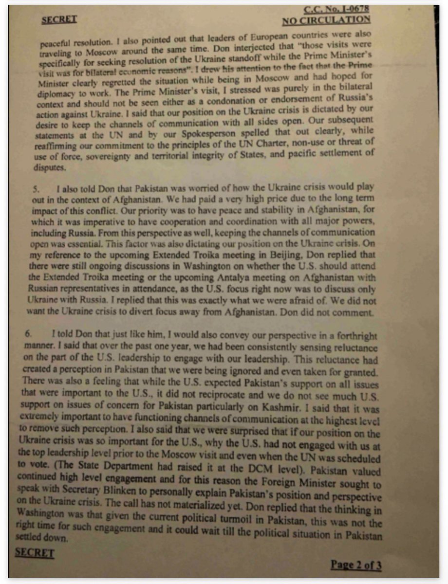 Sajeda_Akhtar's tweet photo. BREAKING: Drop Site News published the full original #Pakistani cypher cable I-0678 (March 7, 2022).

In the leaked "Secret" document, US Asst Sec Donald Lu told Pakistan's Ambassador that if Imran Khan is removed via no-confidence vote, "all will be forgiven in Washington" over his Russia visit & neutral stance on Ukraine. Otherwise, relations would be "very difficult".
Pakistan top Army brass adhered to orders from US and jailed #ImranKhan.

#Pakistan has always been a puppet, only the string changed hands!

@DropSiteNews @AdityaRajKaul
