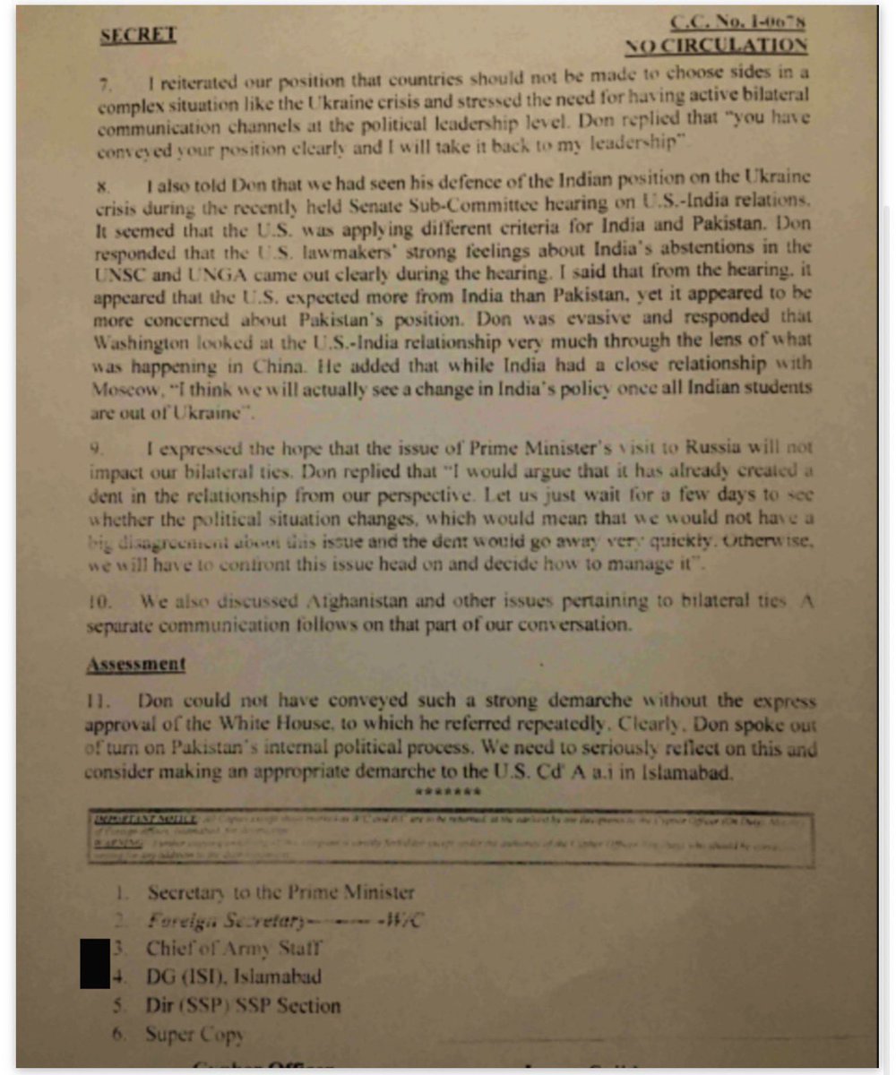 Sajeda_Akhtar's tweet photo. BREAKING: Drop Site News published the full original #Pakistani cypher cable I-0678 (March 7, 2022).

In the leaked "Secret" document, US Asst Sec Donald Lu told Pakistan's Ambassador that if Imran Khan is removed via no-confidence vote, "all will be forgiven in Washington" over his Russia visit & neutral stance on Ukraine. Otherwise, relations would be "very difficult".
Pakistan top Army brass adhered to orders from US and jailed #ImranKhan.

#Pakistan has always been a puppet, only the string changed hands!

@DropSiteNews @AdityaRajKaul