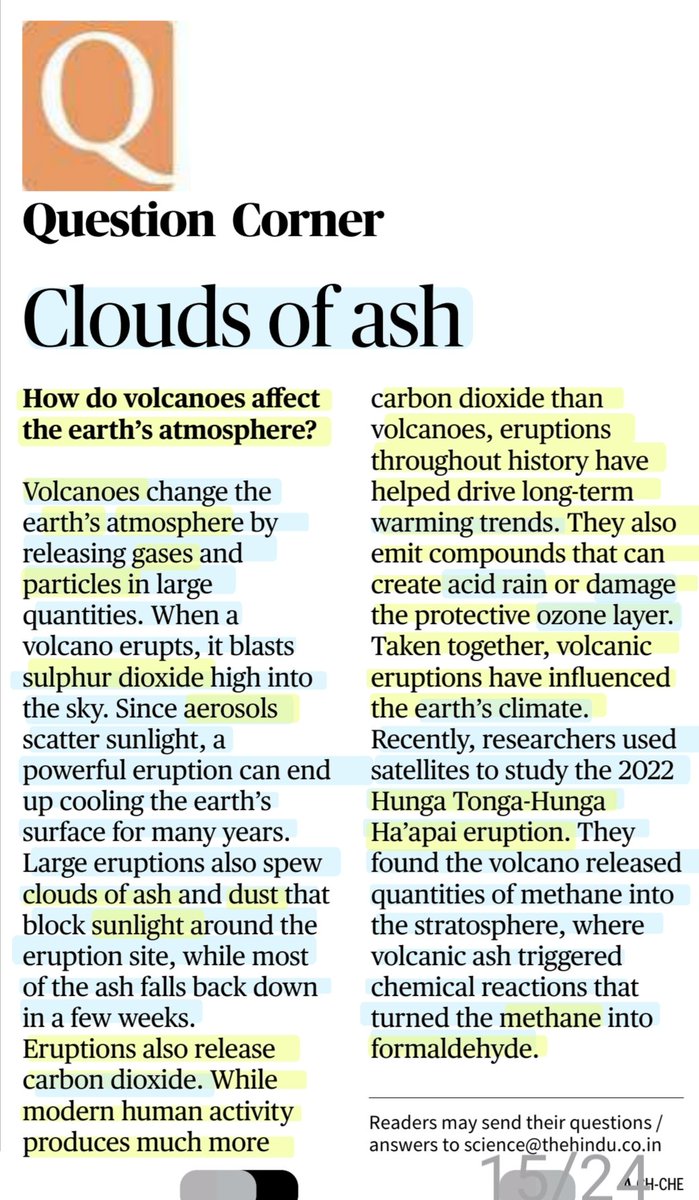 imRavikantYadav's tweet photo. Clouds of Ash
How do volcanoes aggectvthe Earth's atmosphere?
:Explained
#Volcano #VolcanicEruptions
#Ash #Gases #Aerosols #SulphurDioxide #Dust #CarbonDioxide
#Earth #Atmosphere #Warming #AcidRain #OzoneLayer
#Methane
#Sunlight
#Science
#UPSC
Source: TH https://t.co/nmVIPqlKav