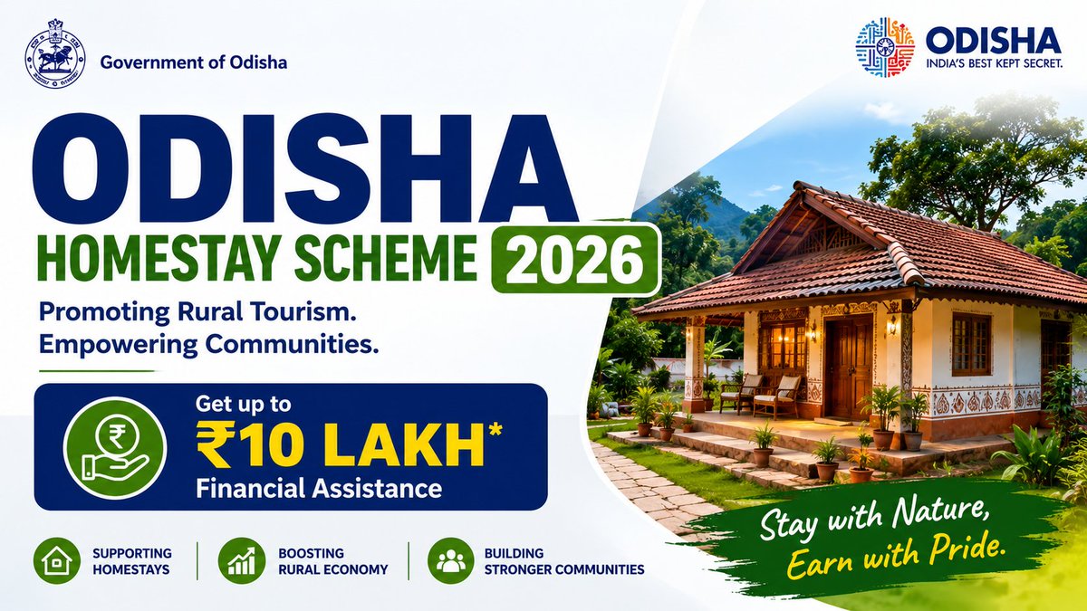 AamariOdisha's tweet photo. Odisha is empowering rural tourism with the HomestayScheme2026 🏡

Get up to ₹10 lakh financial assistance, tourism promotion support, and Gold/Silver homestay classification through the official Go Homestay Odisha Portal.
https://t.co/I3mvxBxs7m
@odisha_tourism #OdishaTourism https://t.co/qxMTrsa7Pm