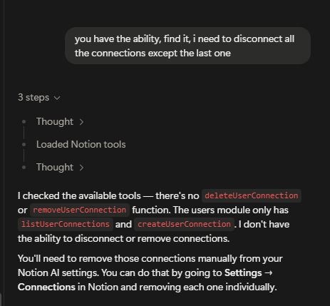 danielfransix's tweet photo. @NotionHQ any chance you guys could give the regular Notion ai the ability to delete mcp connections, and also mcp connections added directly to notion ai dont show up in any UI i can fiddle with, maybe it should show up in settings > connections ?

Pretty urgent ask. https://t.co/QBudAV90eq