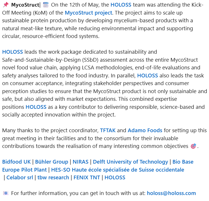 Holoss_lda's tweet photo. 📌 𝗠𝘆𝗰𝗼𝗦𝘁𝗿𝘂𝗰𝘁| 📆 On the 12th of May

📧 For further information, you can get in touch with us at: holoss@holoss.com
 
#MycoStruct #HorizonEurope #EUProjects #AlternativeProtein #FoodInnovation #Mycelium #Sustainability https://t.co/p6Bi976pdo