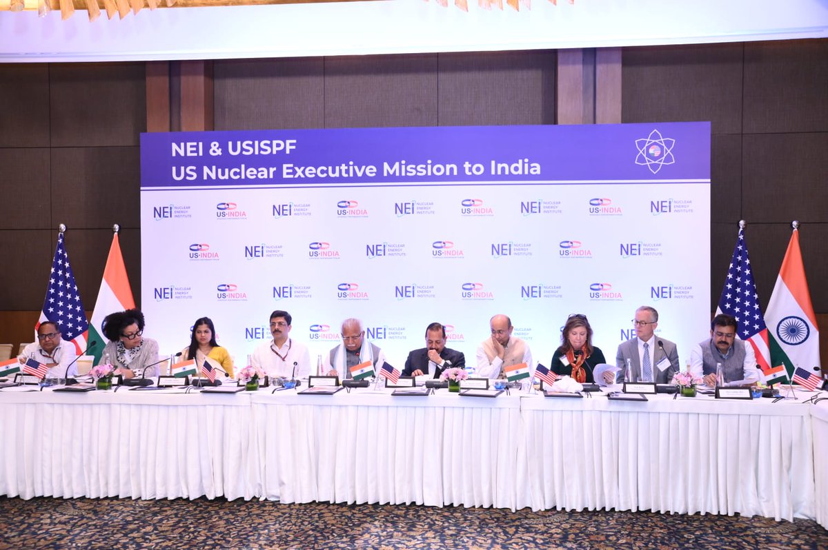 mlkhattar's tweet photo. Co-chaired a productive meeting today with delegates from the US Nuclear Executive Mission, along with my Cabinet colleague @DrJitendraSingh Ji.

Our discussions focused on reducing financing costs, shortening construction timelines, and exploring longer-term PPAs to make nuclear power more economically viable.

Underscored that affordable, reliable, and safe power remains at the core of India’s long-term energy strategy. As India advances towards achieving 100 GW nuclear capacity by 2047, we remain firmly committed to the highest standards of safety, security, and regulatory oversight.

@USISPForum