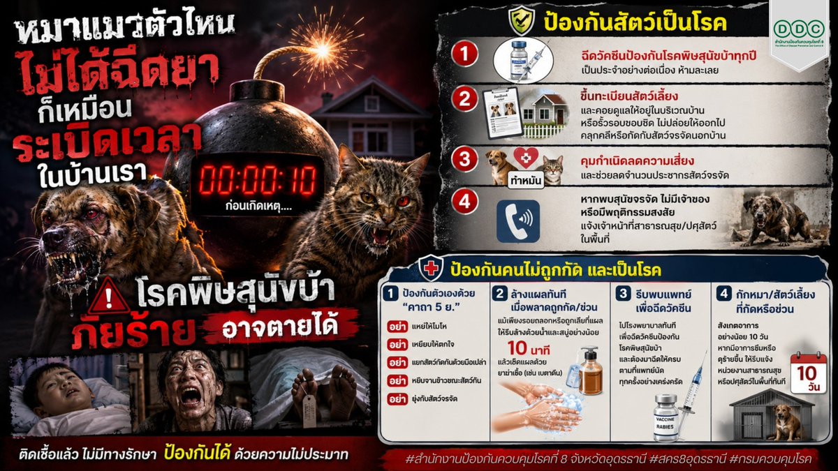 ODPC8UD's tweet photo. 🐶 💉"หมาแมวตัวไหนไม่ได้ฉีดยา ก็เหมือนระเบิดเวลาในบ้านเรา" 💣⏰
🐶🐈โรคพิษสุนัขบ้าภัยร้าย อาจตายได้ 😵😵

ข้อมูลเพิ่มเติม https://t.co/QnIt1T05yd

#พิษสุนัขบ้า #หมาว้อ
#สคร8อุดรธานี #กรมควบคุมโรค
#กรมควบคุมโรคห่วงใยอยากเห็นคนไทยมีสุขภาพดี https://t.co/opwViBcBgP