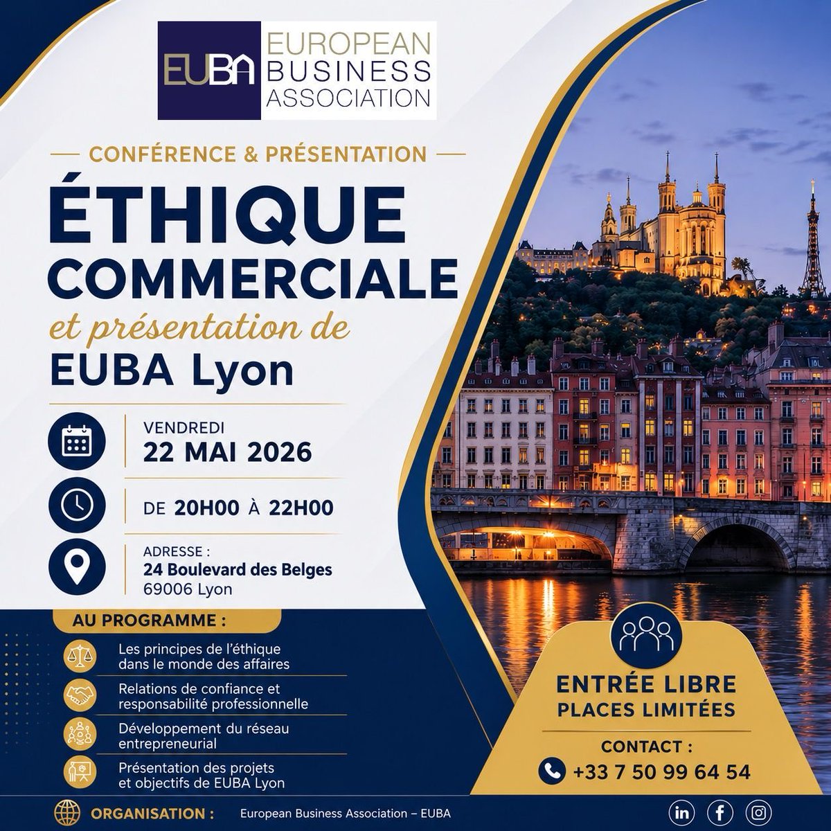 ibraykut's tweet photo. ✨ J’ai le plaisir de vous inviter à la conférence et présentation officielle de EUBA Lyon, une soirée dédiée à l’éthique commerciale, au développement du réseau entrepreneurial et aux échanges entre professionnels.

Dans un monde des affaires où la confiance, les valeurs et les relations humaines ont une place essentielle, cette rencontre sera l’occasion de partager une vision moderne et responsable de l’entrepreneuriat.

📅 Vendredi 22 mai 2026
🕗 De 20h00 à 22h00
📍 24 Boulevard des Belges, 69006 Lyon

🔹 Éthique dans le monde des affaires
🔹 Relations de confiance & responsabilité professionnelle
🔹 Développement du réseau entrepreneurial
🔹 Présentation des projets et objectifs de EUBA Lyon

🎟 Entrée libre – Places limitées
📞 +33 7 50 99 64 54

Au plaisir de vous rencontrer et d’échanger avec vous lors de cette belle soirée à Lyon 🤝

#EUBA #EUBALyon #Networking #Entrepreneuriat #Business #Lyon #Leadership #BusinessNetwork