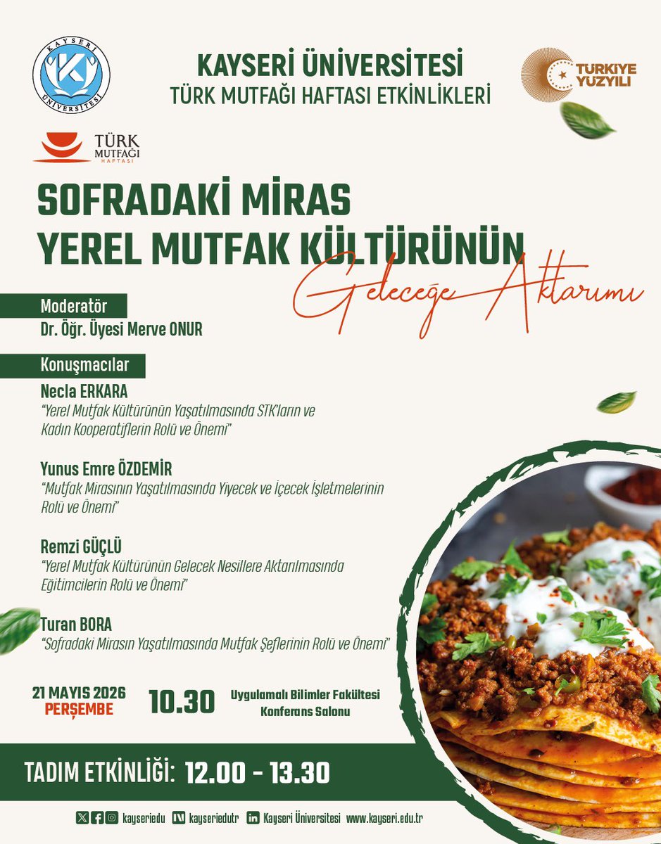ProfKaramustafa's tweet photo. Türk Mutfağı Haftası münasebetiyle Üniversitemizin [@kayseriedu] tüm akademik ve uygulamalı birikimini ortaya koyarak bu özel haftayı coşkuyla kutluyoruz!

Üretimden sunuma uzanan değer zincirimizde emek veren;

✅ Uygulamalı Bilimler Fakültesi [@UBF38KAYU] Gastronomi ve Mutfak Sanatları Bölümümüze,

✅ Safiye Çıkrıkçıoğlu MYO [@SafiyeMyo] Aşçılık, Organik Tarım ve Bahçe Tarımı Programlarımıza,

✅ Develi Hüseyin Şahin [@kayudmyo] Aşçılık, İkram Hizmetleri ve Bahçe Tarımı Programlarımıza,

✅ Turizm Çalışmaları Uygulama ve Araştırma Merkezimize [@Kayu_Tamer],

✅ Gıda Çalışmaları Uygulama ve Araştırma Merkezimize [@kayugida] ve

✅ Ata Tohumu Uygulama ve Araştırma Merkezimize [@ata_kayu],

teşekkür ediyorum.

Gastronomi mirasımızı bilimle buluşturarak geleceğe taşımaya devam edeceğiz.

Türk Mutfağı Haftamız kutlu olsun! 🇹🇷

[@RTErdogan]
[@EmineErdogan]
[@TCKulturTurizm]
[@MehmetNuriErsoy]
[@YuksekogretimK]
[@erolozvar]
[@kayserivaliligi]
[@gokmen_cicek_]
[@KayseriBSB]
[@baskanmemduhbyk]

#TürkMutfağıHaftası #KayseriÜniversitesi #Gastronomi #TürkMutfağı