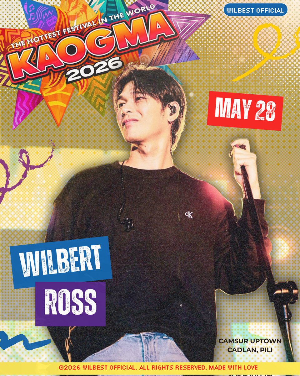wilbest_ofc's tweet photo. 𝙈𝙖𝙧𝙠 𝙮𝙤𝙪𝙧 𝙘𝙖𝙡𝙚𝙣𝙙𝙖𝙧𝙨, 𝙎𝙚𝙧𝙚𝙣𝙚𝙨!

𝐖𝐈𝐋𝐁𝐄𝐑𝐓 𝐑𝐎𝐒𝐒 will serenade 𝐌𝐢𝐬𝐬 𝐊𝐚𝐨𝐠𝐦𝐚 𝐏𝐡𝐢𝐥𝐢𝐩𝐩𝐢𝐧𝐞𝐬 𝟐𝟎𝟐𝟔 at 𝐊𝐚𝐨𝐠𝐦𝐚 𝐅𝐞𝐬𝐭𝐢𝐯𝐚𝐥 𝟐𝟎𝟐𝟔. 

Get ready for an unforgettable night filled with amazing music and good vibes only! 

📅 May 28,2026
📍 Camsur Uptown, Cadlan, Pili

Save the date and See you there! 💛