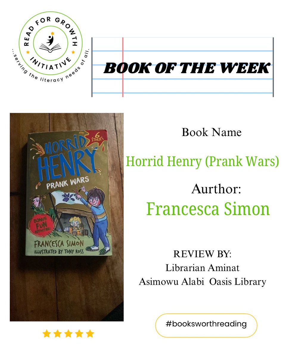 ReadForGrowth's tweet photo. Title: HORRID HENRY PRANK WARS

Author: Francesca Simon

Henry as a naughty child has an habit of playing tricks on people  mostly his brother or friend, but instead of the prank ending there, the other person gets revenge with an even bigger prank. https://t.co/b78AoXaoBL
