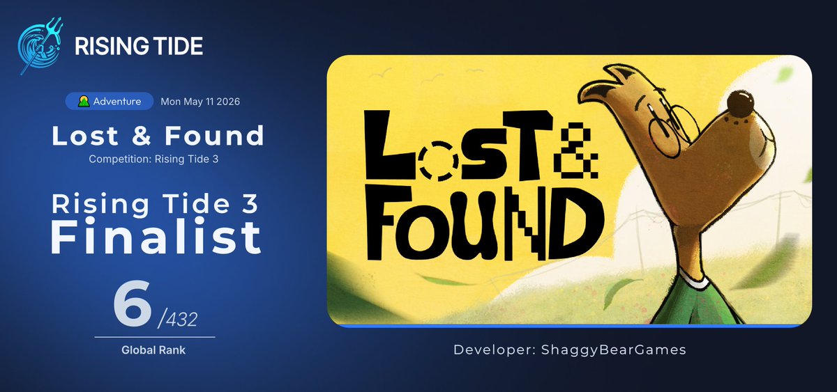 shaggy__bear's tweet photo. Another W for Lost &amp; Found! 

Lost &amp; Found was recently selected as one of the finalists for @BlueOcean_Games Rising Tide #3.  

Huge thanks to everyone who supported, shared, and showed the game some love along the way.
Congrats as well to the top winners and fellow finalists! https://t.co/zYQG9EKmOQ