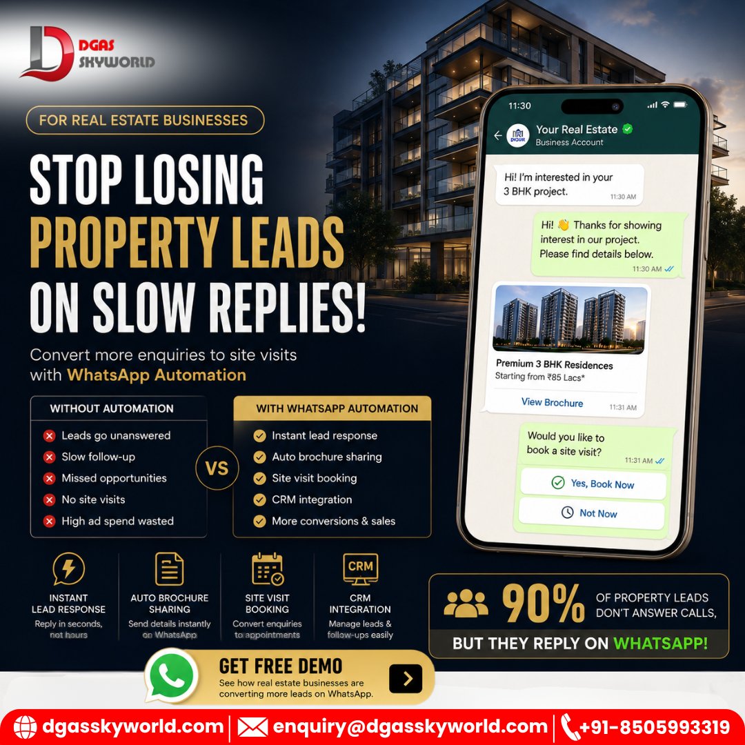 DgasLtd's tweet photo. Still losing property leads due to slow replies?

Your buyers may ignore calls, but they reply on WhatsApp.

⚡ Instant lead response
📄 Auto brochure sharing
📅 Site visit booking
💬 DM “DEMO” to see WhatsApp Automation for Real Estate in action.
#RealEstate #WhatsAppAutomation https://t.co/9BCdCe5A1Z