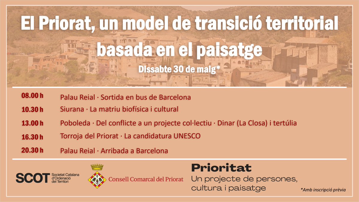 Territori's tweet photo. 🚌 SORTIDA 🚌: El Priorat, un model de transició territorial basada en el paisatge.

📆 Dissabte 30 de maig

📍 Lloc de sortida: Palau Reial (Av. Diagonal, 686)

Inscripció fins esgotar aforament de l'autobús: https://t.co/uuUaScTJHL 📝 https://t.co/pXfyj8l8bL