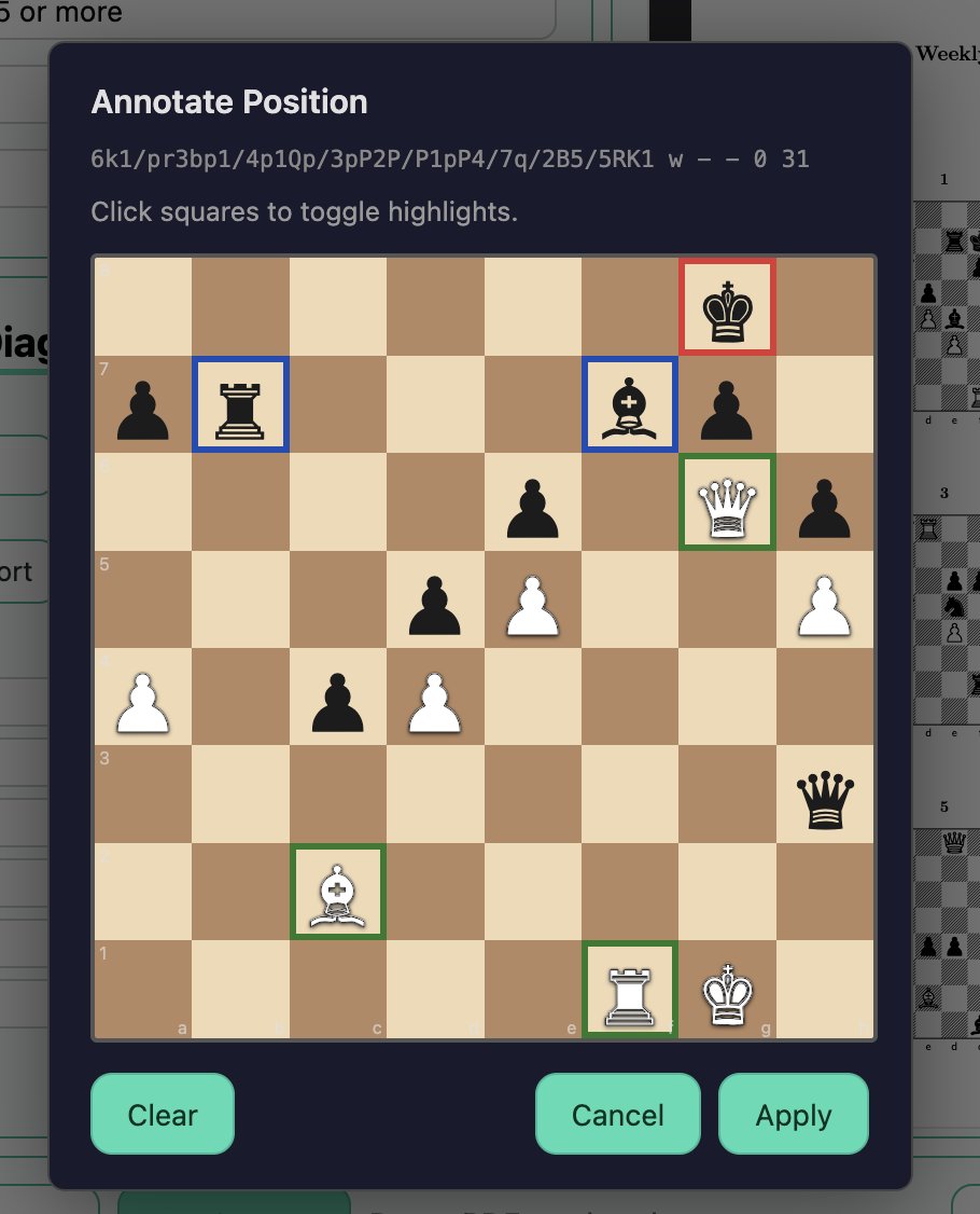 chess_mint's tweet photo. 2026-05-18 Changelog 🗒️

🟢 Highlighting squares in different colors

Click on the "Annotate" button to open the editor. 
Available for now: rectangles in 🟩🟥🟦.
There will be more options in the future (e.g. arrows) ⚡️ 
Let me know if you have suggestions! https://t.co/yojIAAmAqc